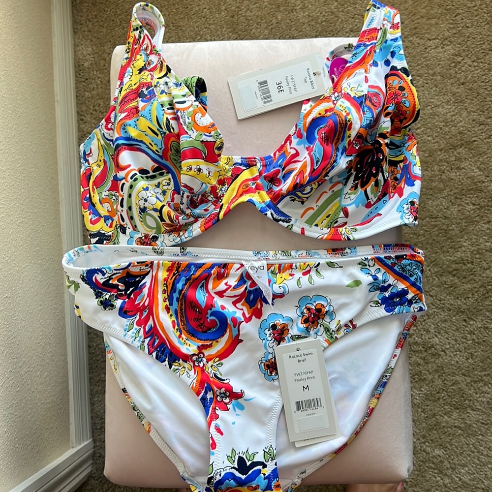 Freya Bravissimo Rococo Swim Bikini 36E and Brief Bottom M Paisley Print